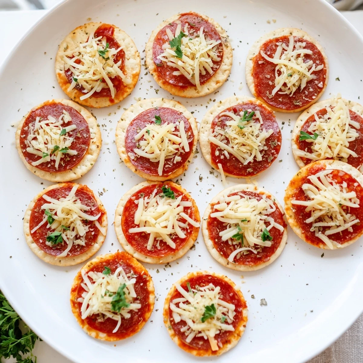 Bite-sized beef pepperoni pizza crackers topped with zesty pepperoni slices and gooey blended cheeses