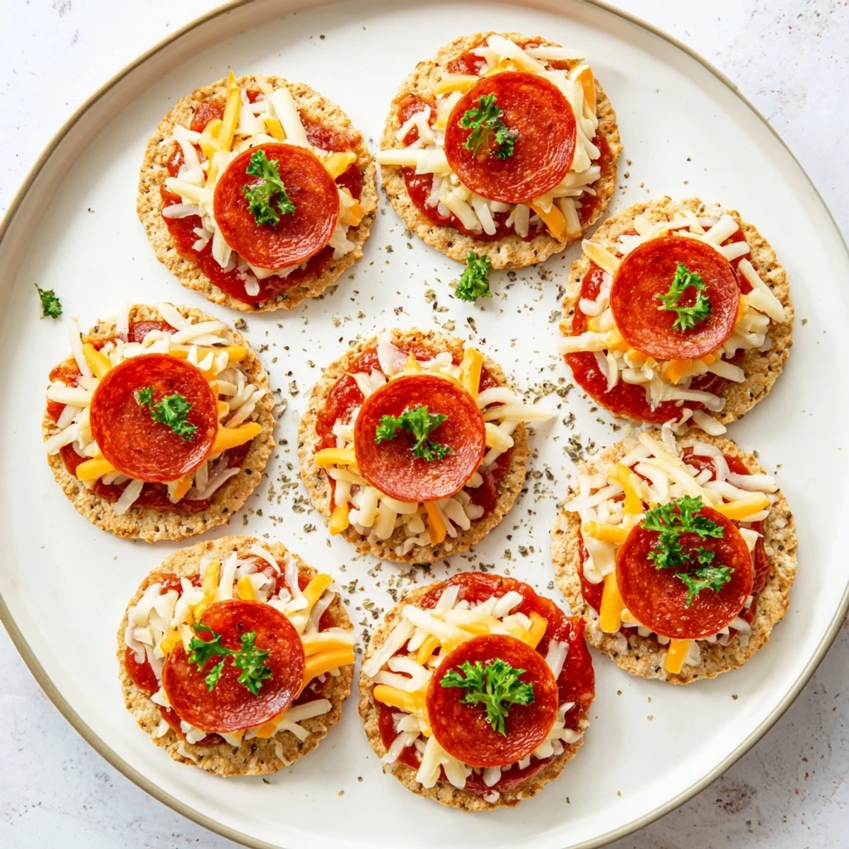 Homemade beef pepperoni pizza crackers arranged on parchment paper with fresh parsley garnish and Italian herbs