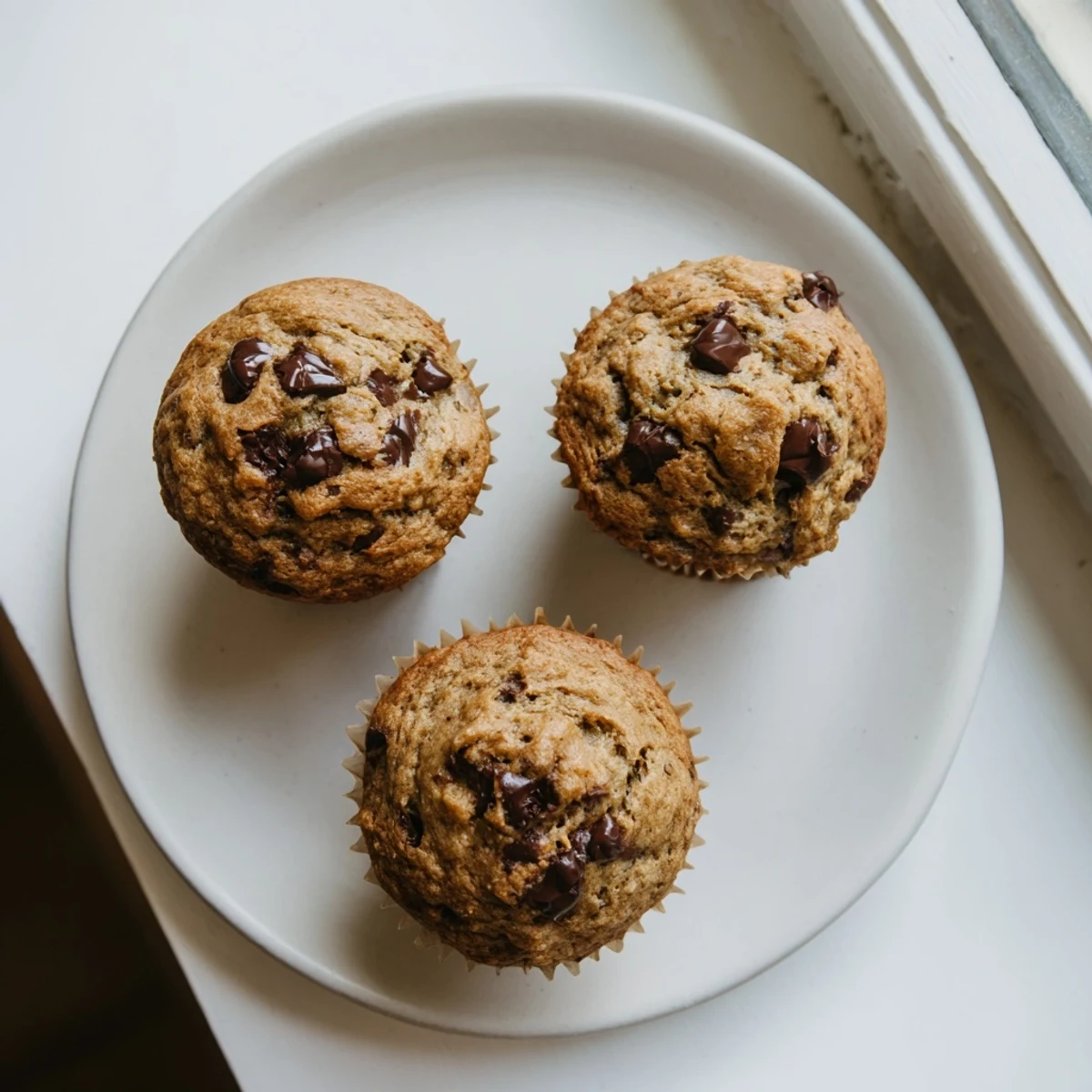 Golden banana espresso chocolate chip muffins fresh from the oven with melty chocolate pockets