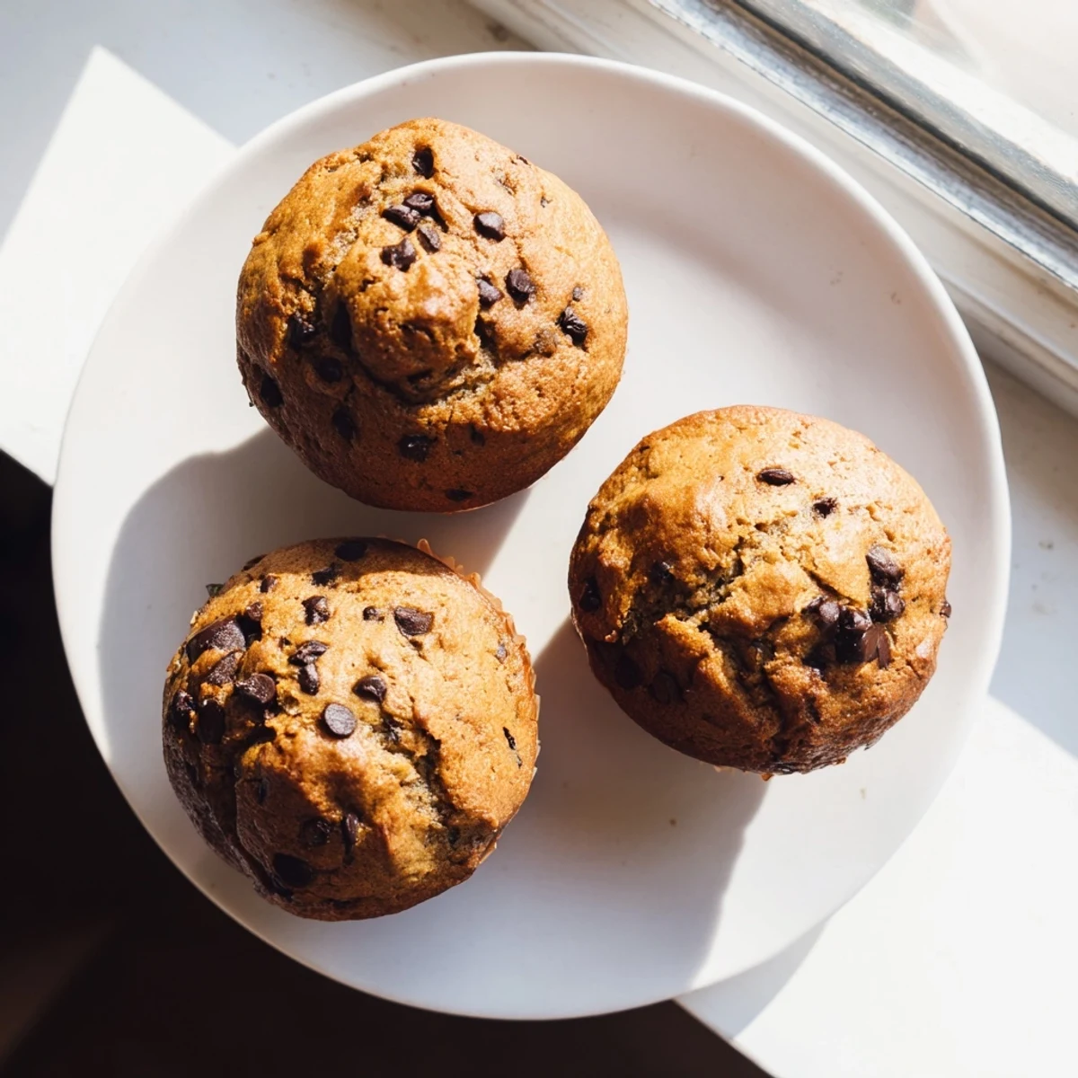 Moist breakfast muffins topped with ripe banana chunks and dark chocolate chips on a wire cooling rack