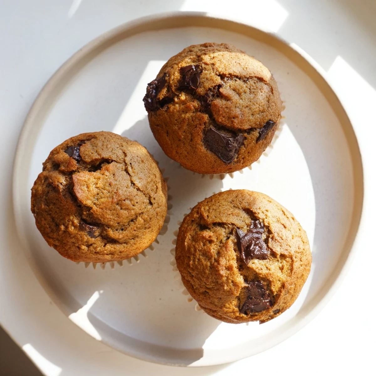 Batch of twelve fluffy banana espresso chocolate chip muffins with golden domes in a lined muffin pan