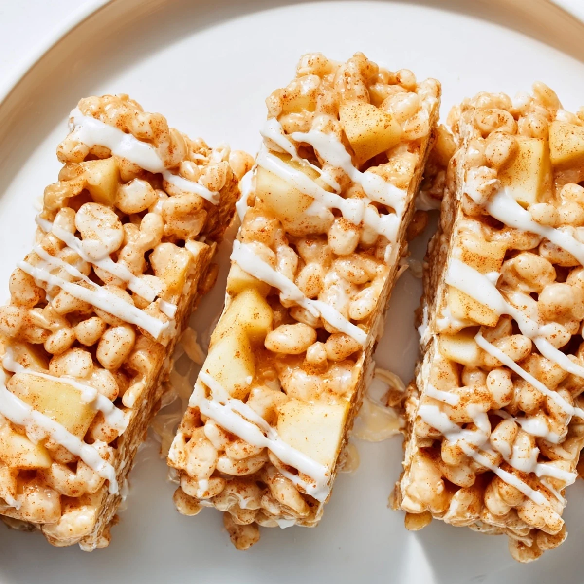 Golden Apple Pie Rice Krispie Treats bars topped with melted white chocolate drizzle