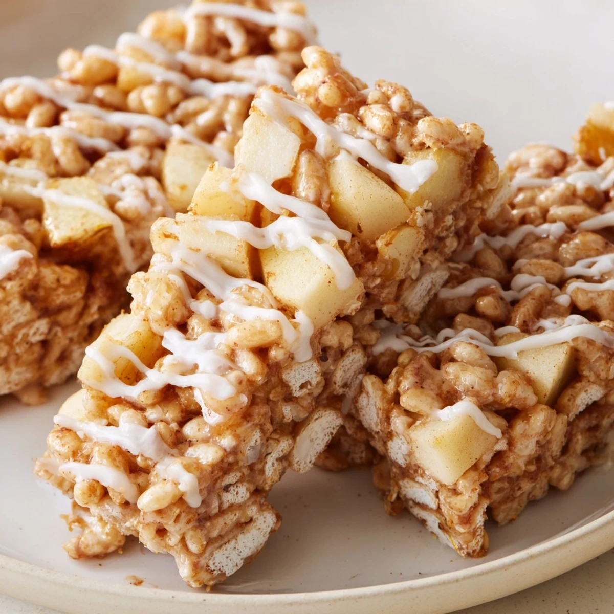 Square pan of Apple Pie Rice Krispie Treats with diced apples throughout