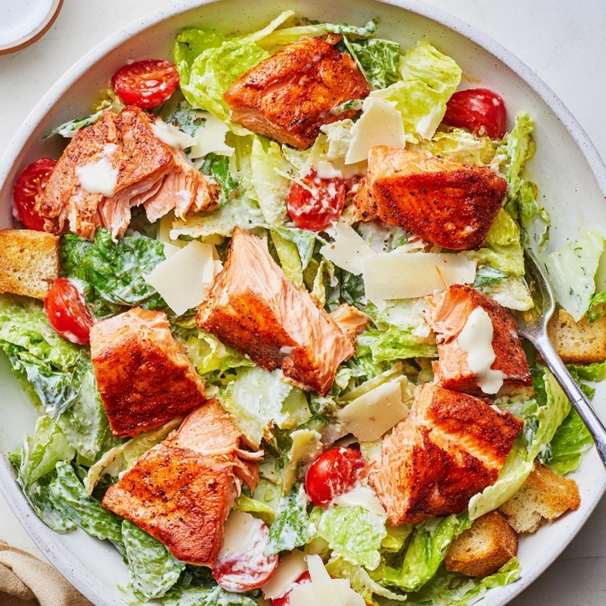 Homemade Smoky Salmon Caesar Salad recipe: creamy dressing, crunchy croutons, warm salmon.