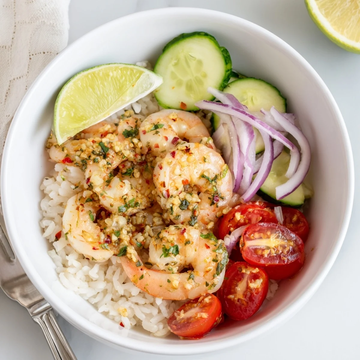 Garlic Shrimp Bowl recipe showing sizzling garlicky shrimp over fluffy rice