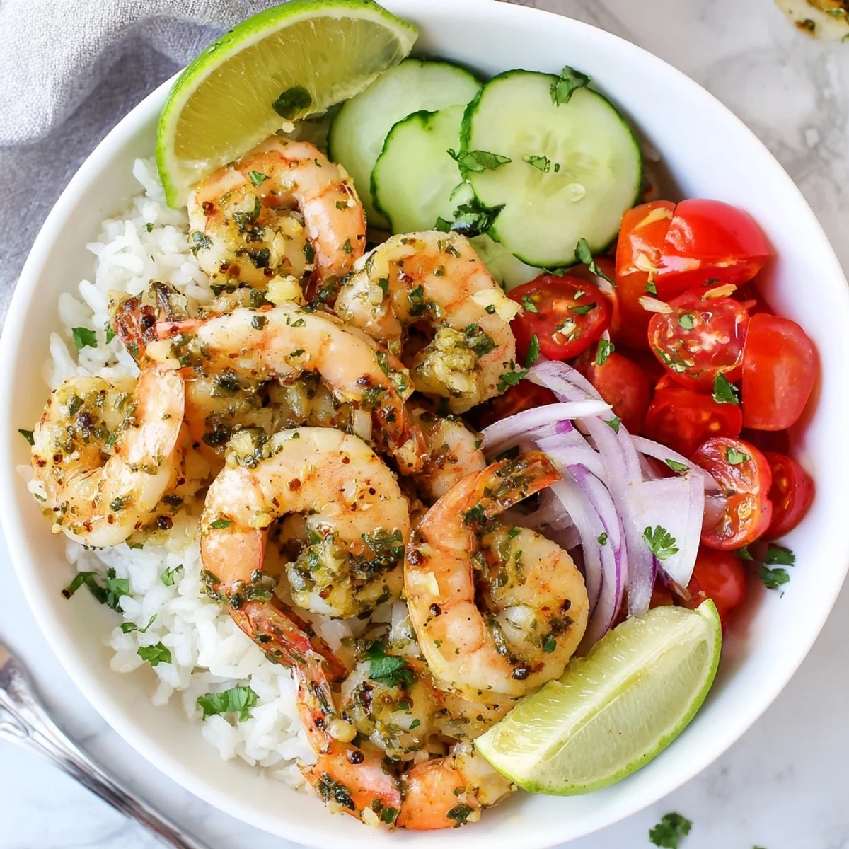 Plated Garlic Shrimp Bowl with avocado, cherry tomatoes, cilantro, lime wedge