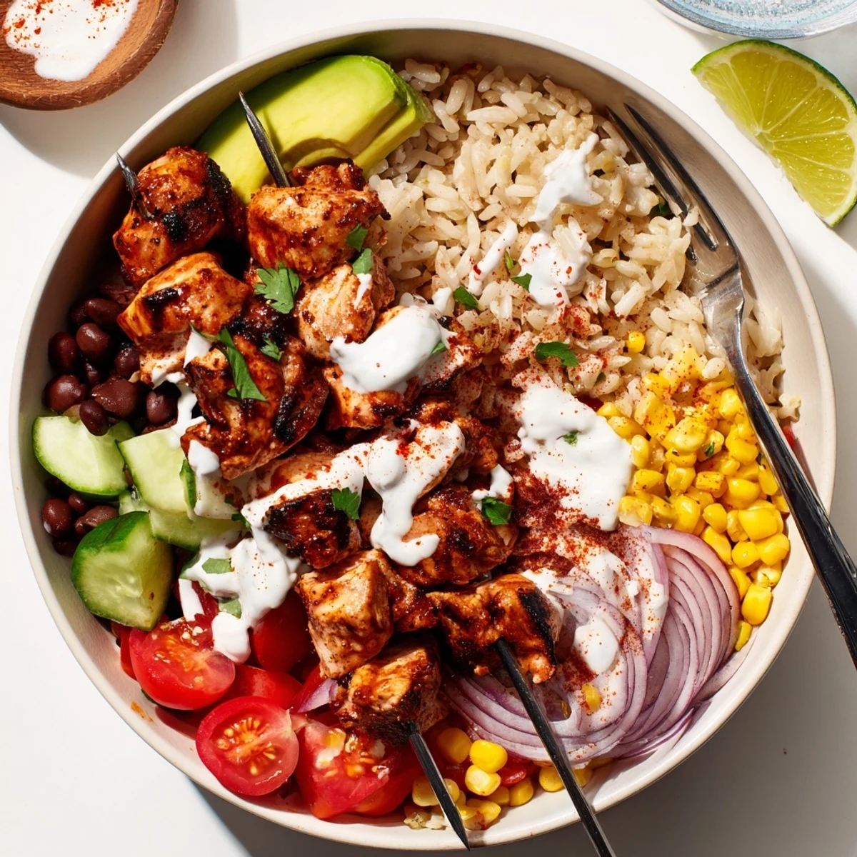 Smoky Chicken Skewer Bowl with charred chicken, avocado, cilantro, lime wedge