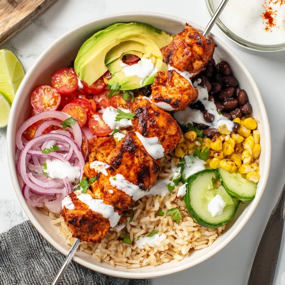 Grilled Smoky Chicken Skewer Bowl served over brown rice with zesty yogurt