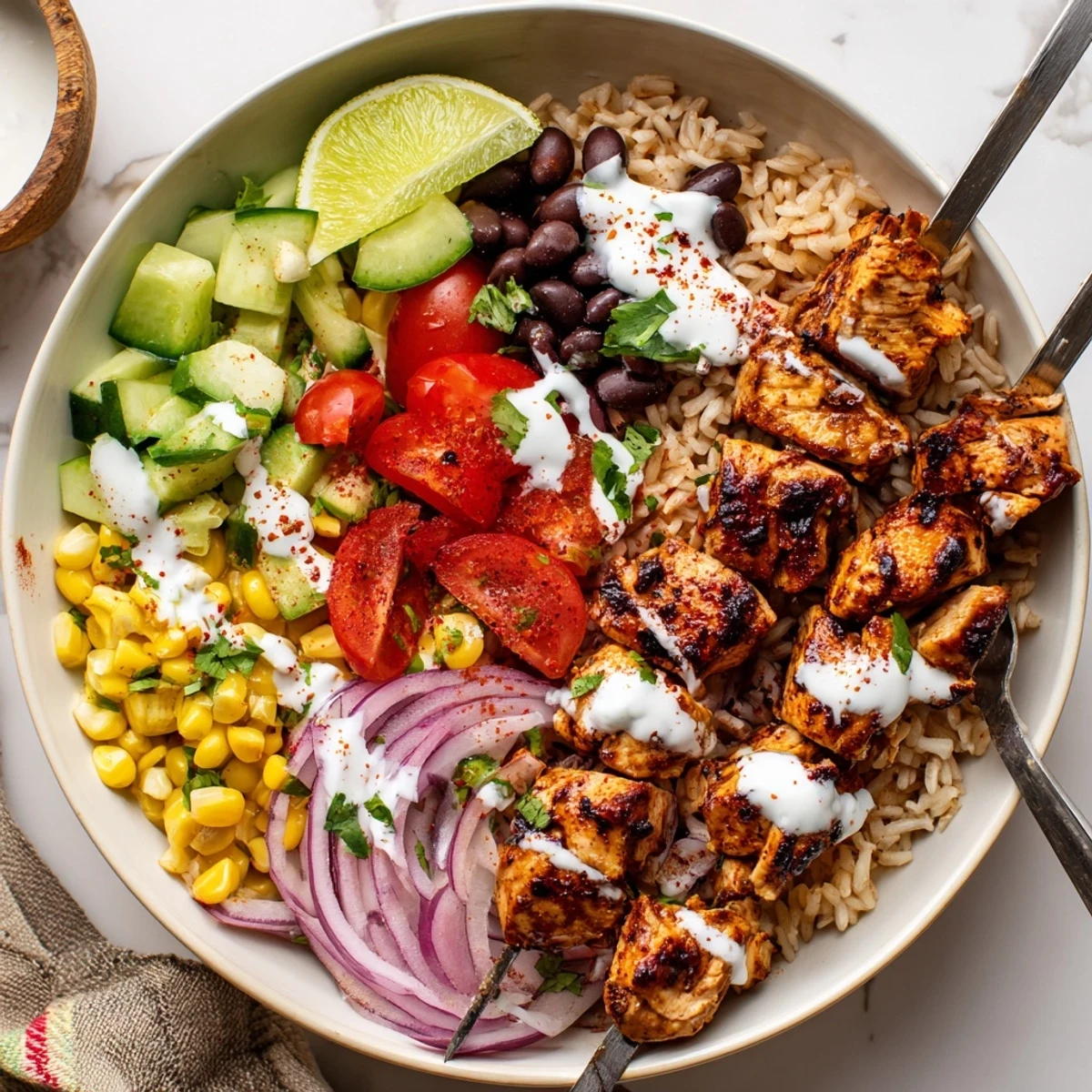 Charred skewers and fresh toppings compose a zesty Smoky Chicken Skewer Bowl