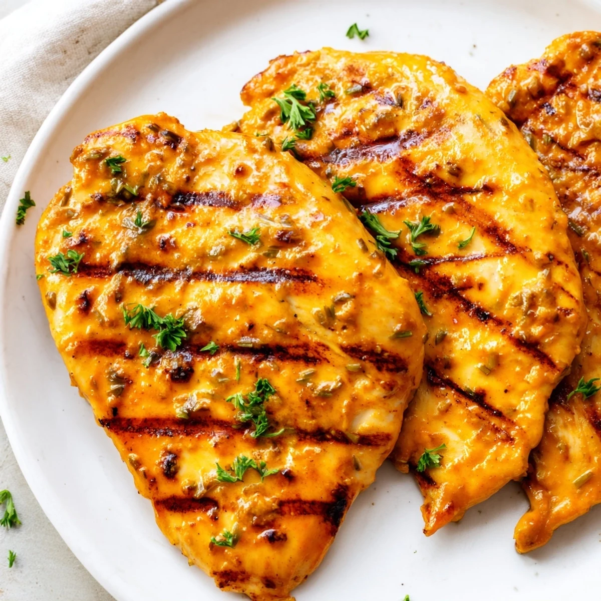 Golden brown Orange Dijon grilled chicken breasts with charred grill marks and fresh orange garnish