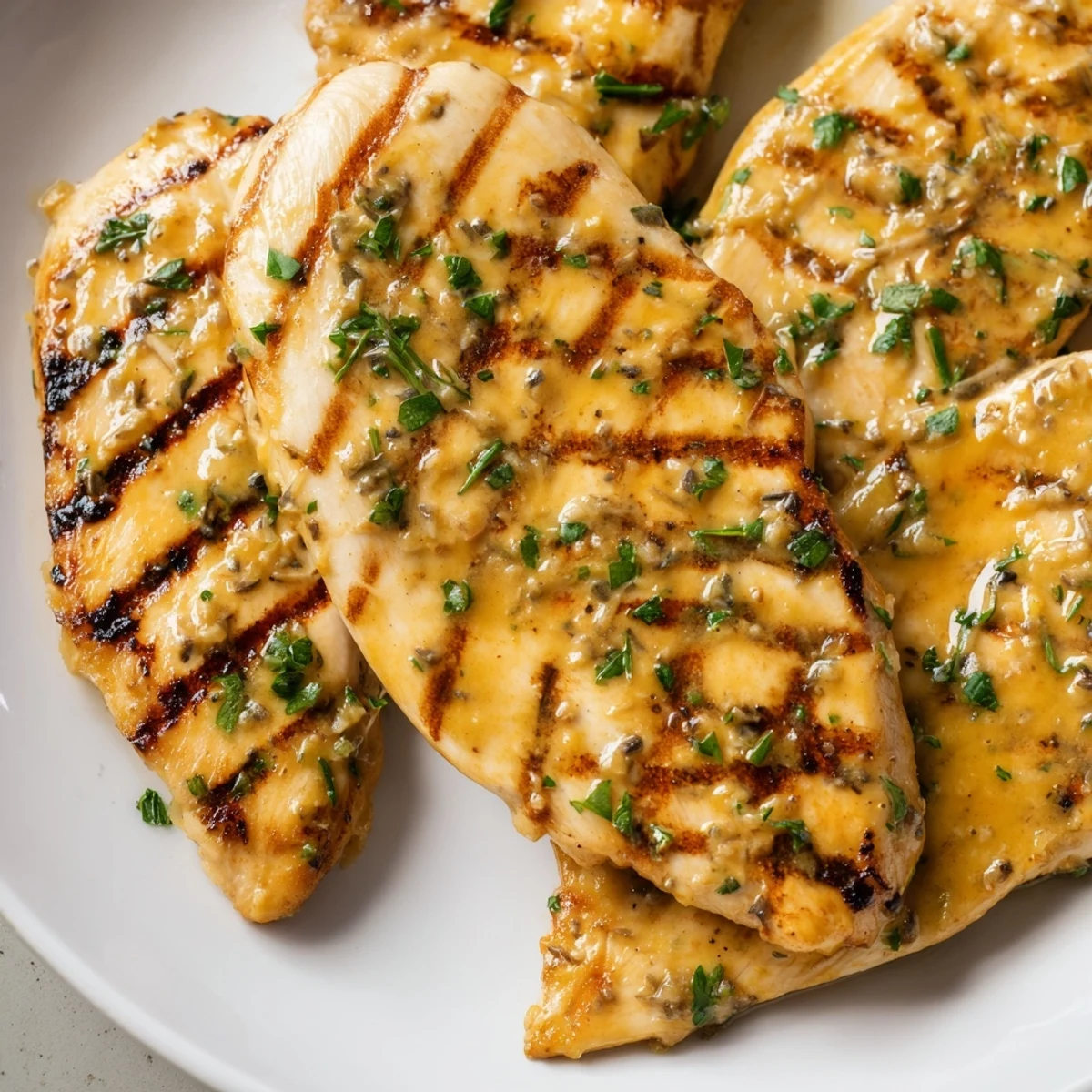 Tender Orange Dijon grilled chicken served on a white plate with parsley and orange slice accents