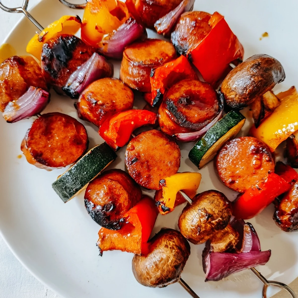 Golden grilled kielbasa kabobs with colorful peppers and zucchini coated in sticky balsamic honey glaze