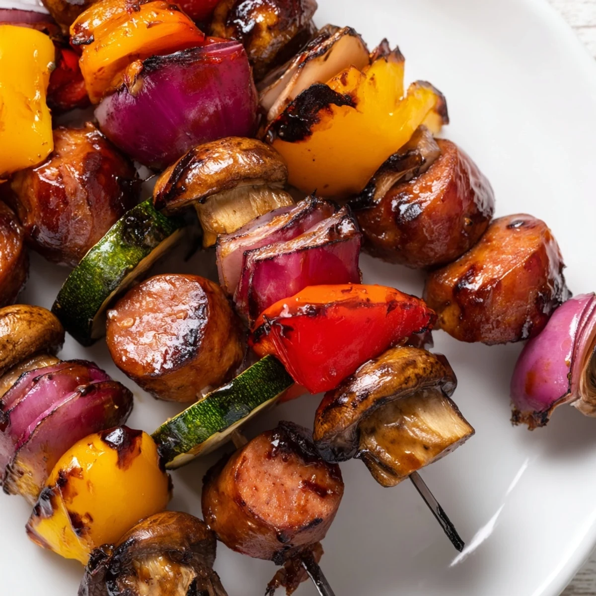 Juicy grilled sausage and vegetable kabobs glistening with caramelized balsamic honey glaze on a summer serving platter