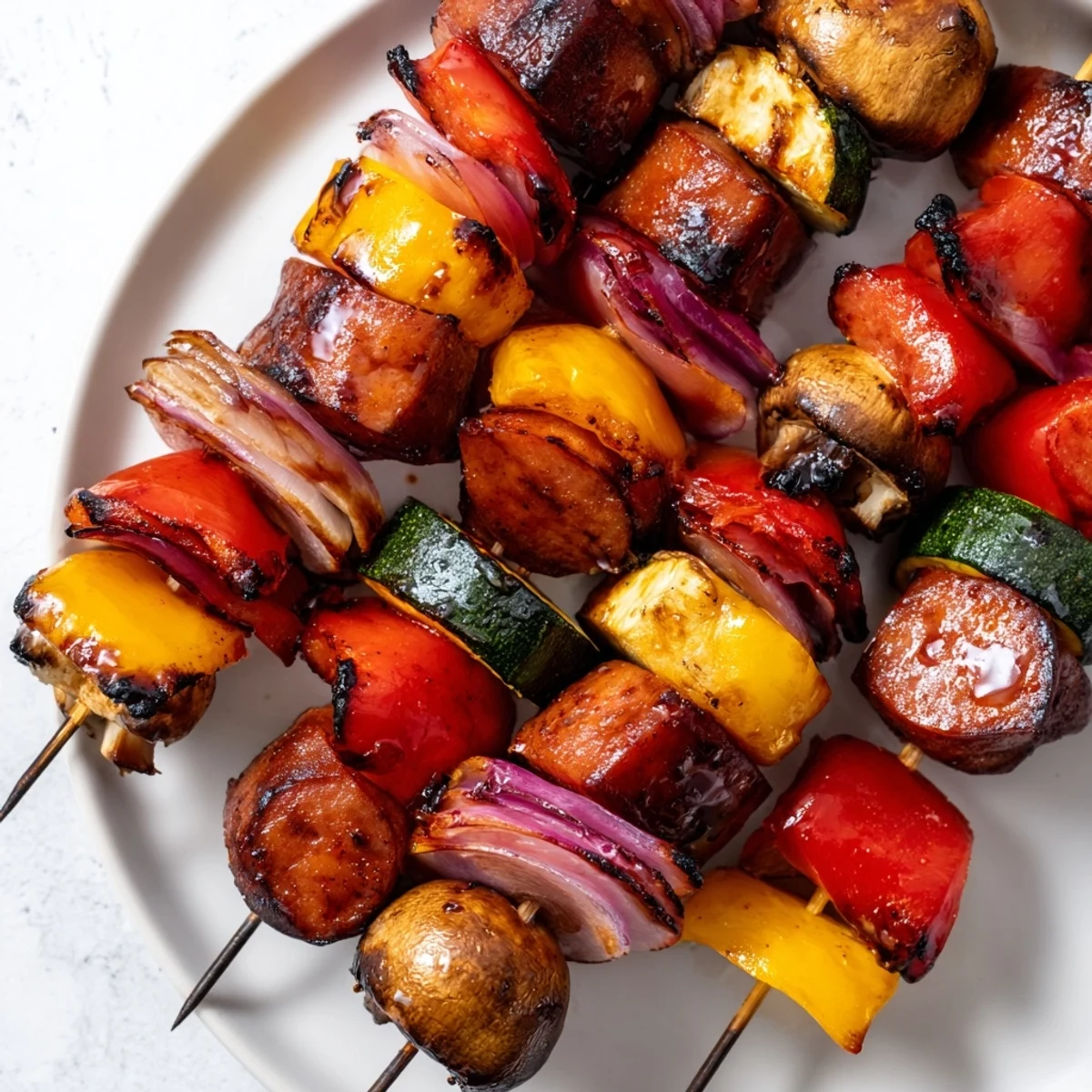 Savory kielbasa skewers with charred red and yellow vegetables finished with sweet tangy honey balsamic brushing