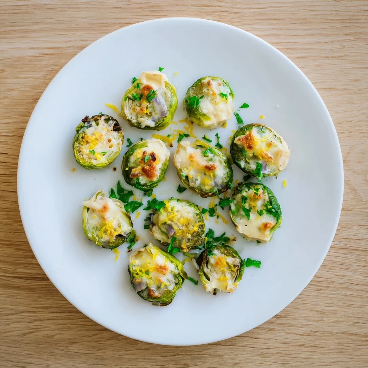 Succulent halved Brussels sprouts with Boursin and herbs in a white serving bowl
