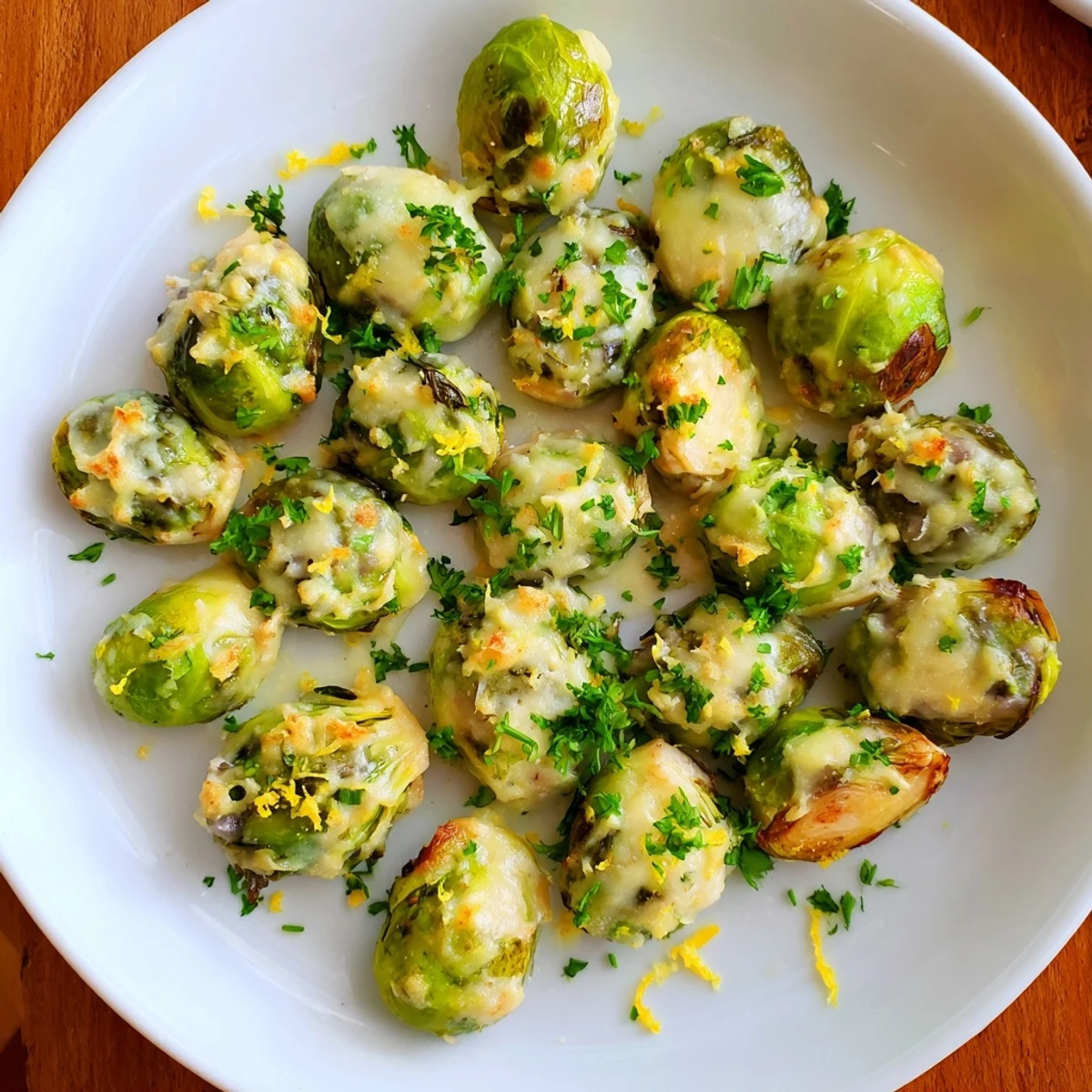 Platter of tender Brussels sprouts with Boursin cheese garnished with fresh parsley