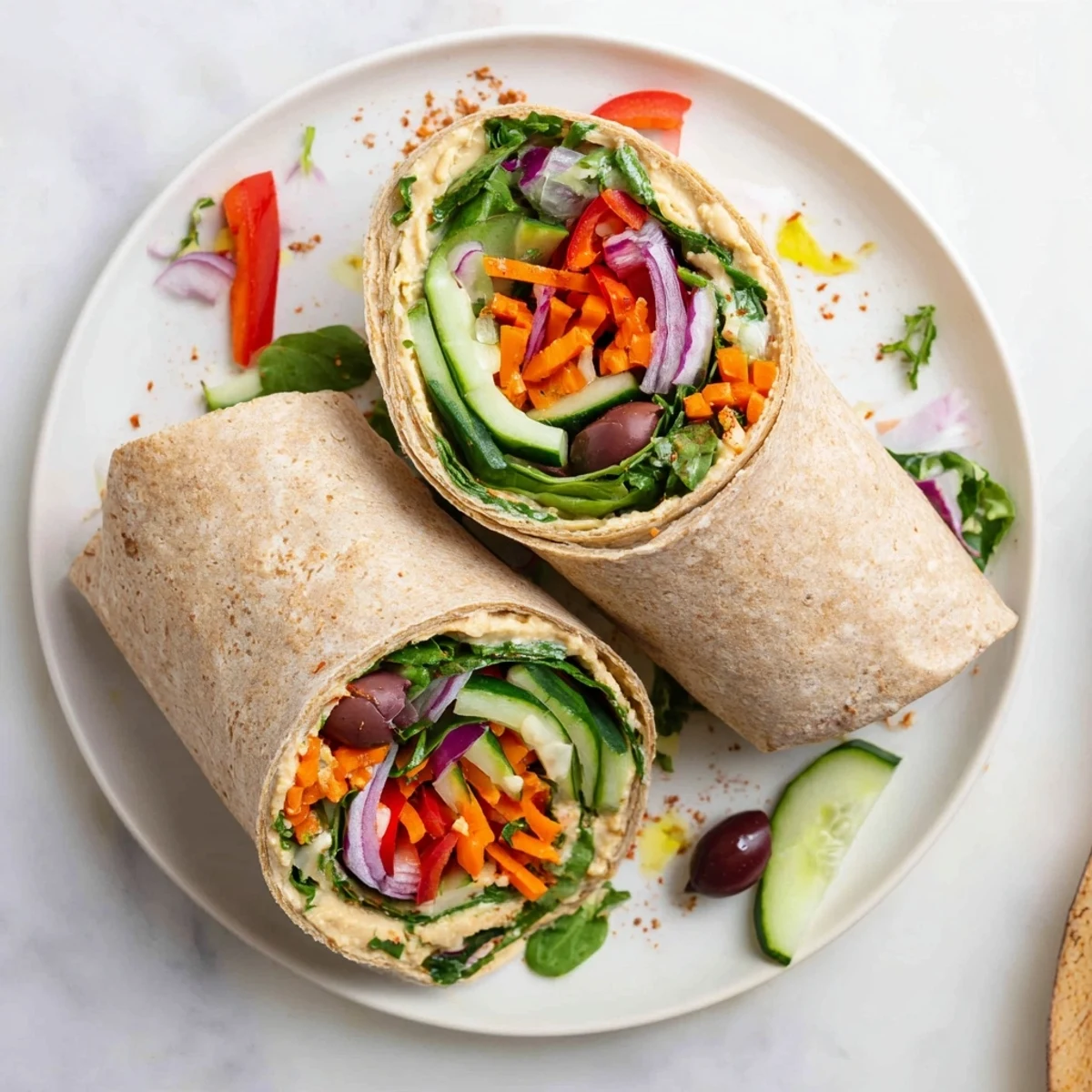 Golden whole wheat tortilla wrapped with creamy hummus and crisp colorful vegetable layers