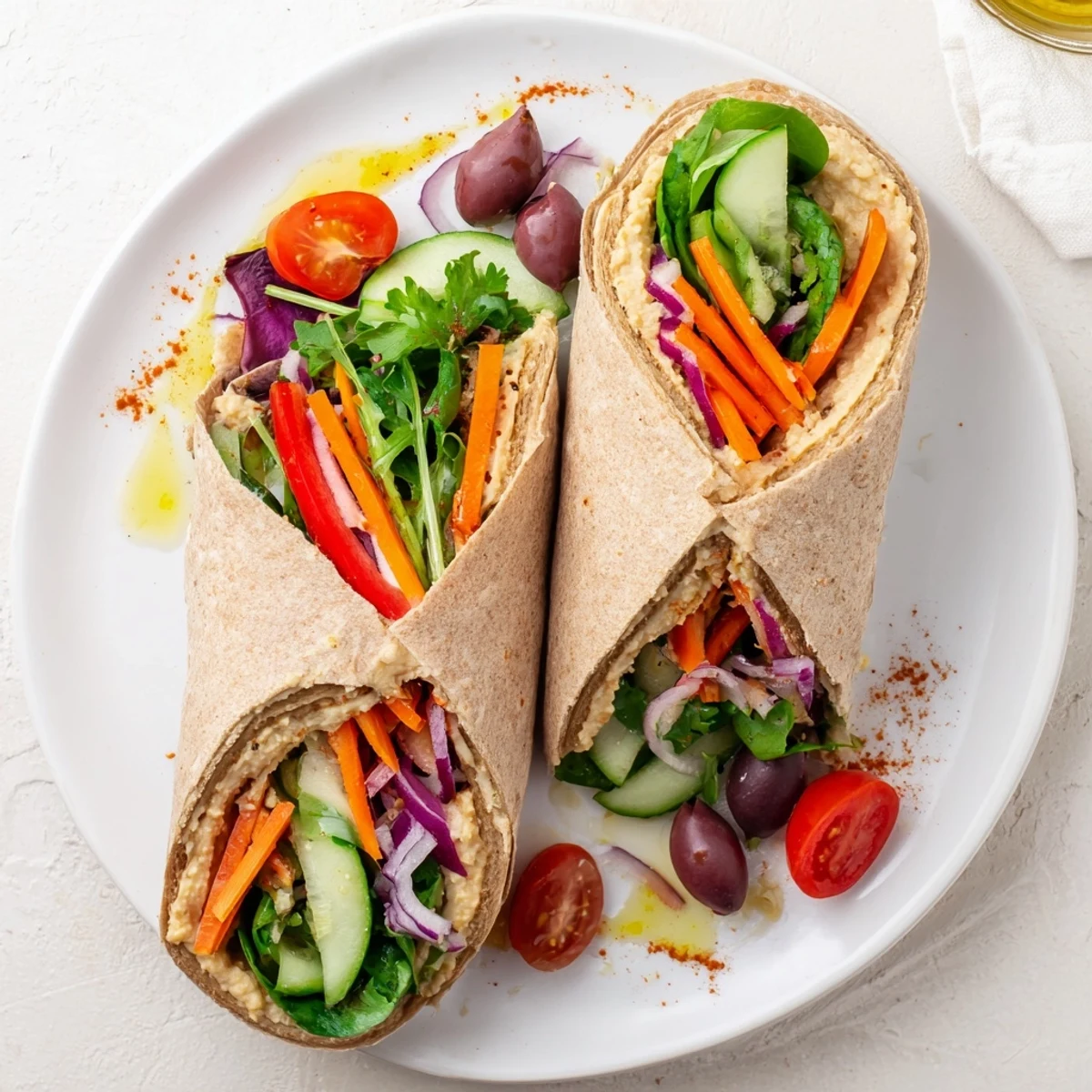 Diagonal cut of vegetarian lunch wrap showcasing smooth hummus spread with vibrant veggie filling