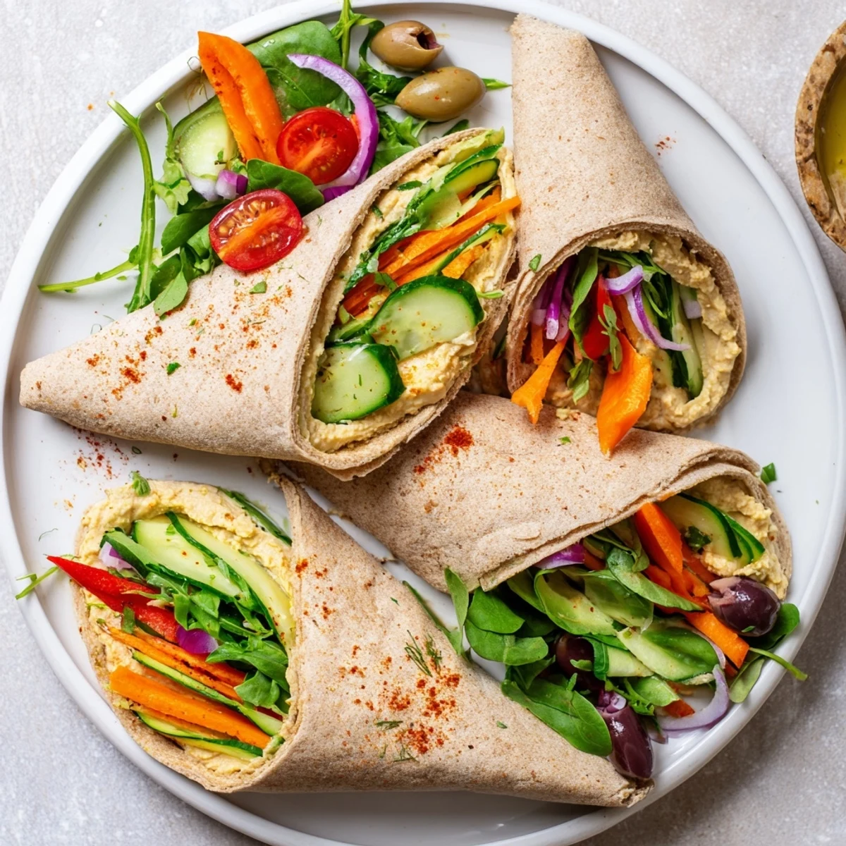 Sliced Mediterranean hummus wrap revealing fresh spinach cucumber bell peppers and juicy cherry tomatoes