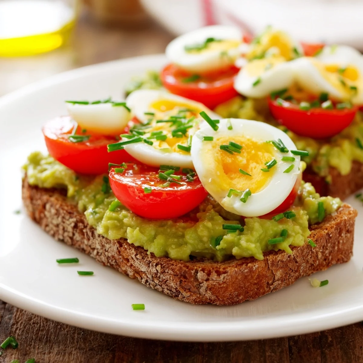 Vibrant avocado toast with tomato and hard boilediled egg recipe featuring layers of fluffy egg slices and juicy tomato wedges on crunchy bread