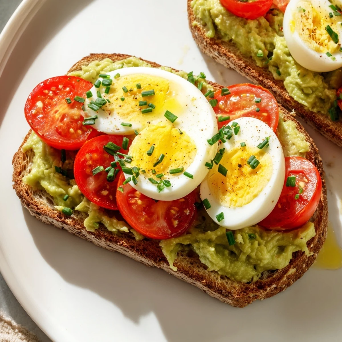 Golden toasted sourdough piled high with creamy mashed avocado, sliced ripe tomatoes, and protein-rich hard-boiled eggs