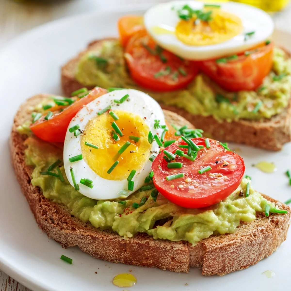 Hearty breakfast avocado toast with tomato and hard boilediled egg recipe drizzled with olive oil and sprinkled with fresh red pepper flakes