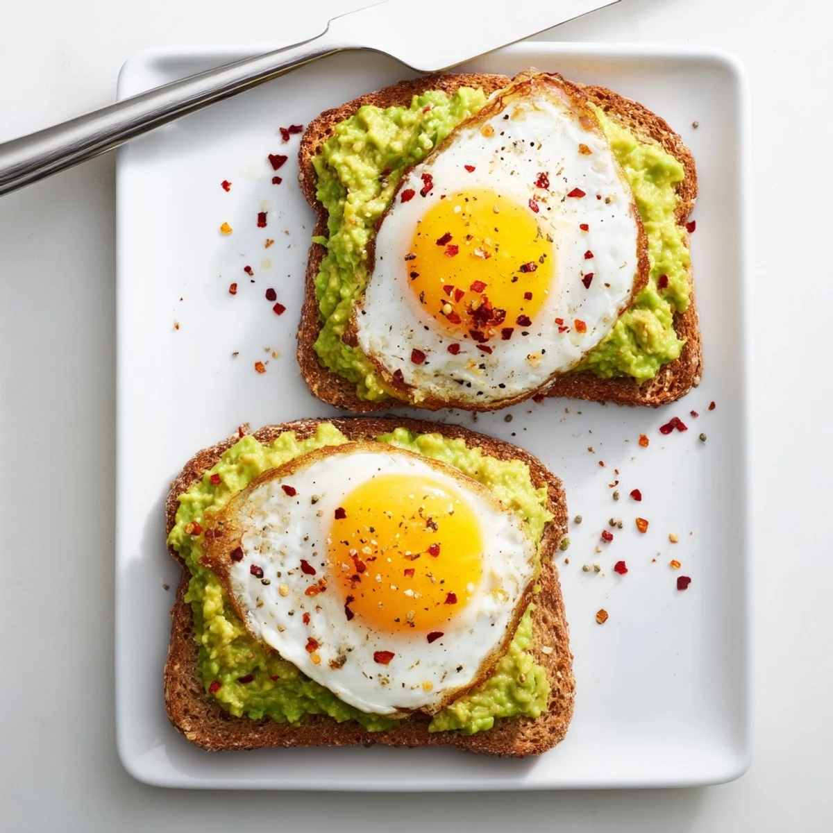 Golden toasted bread layered with creamy mashed avocado topped with a perfectly cooked fried egg