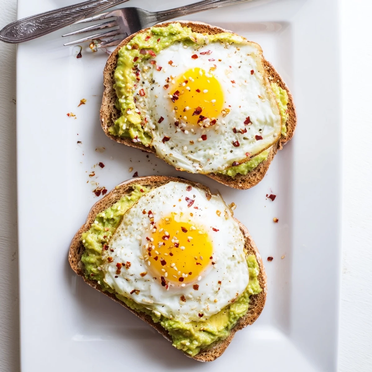 Crispy sourdough toast served with smooth avocado spread and a sunny side up egg for breakfast