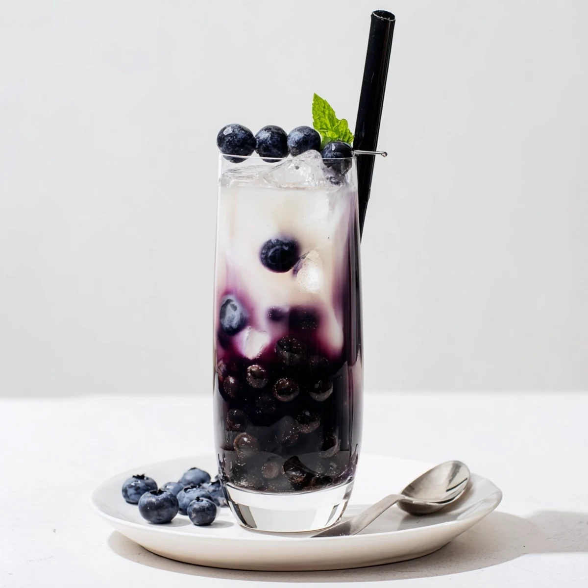 Chilled Blueberry Milk Tea Cooler with chewy tapioca pearls and ice