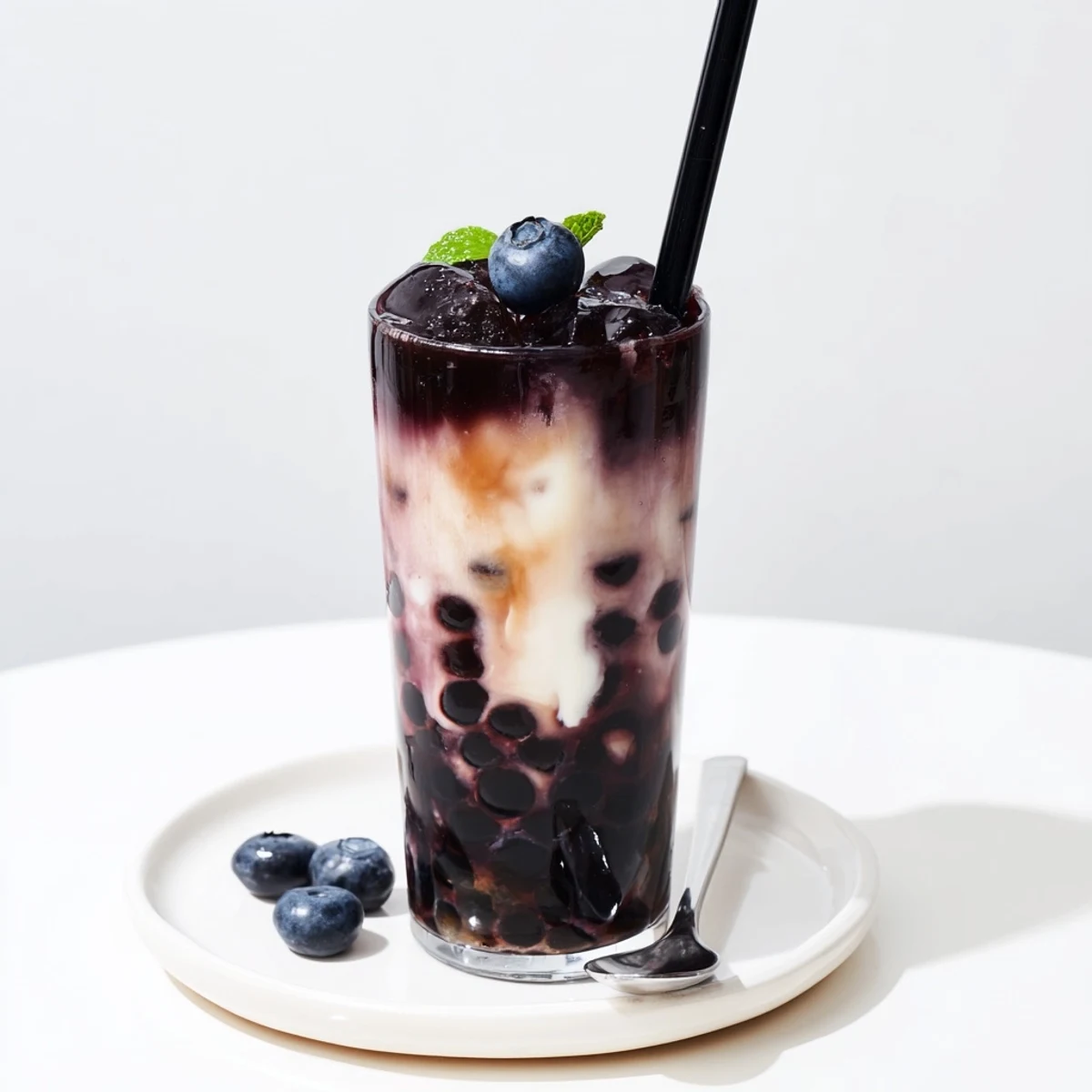 Glass of Blueberry Milk Tea Cooler layered with purple syrup and milk