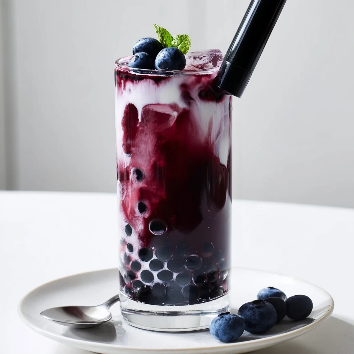 Refreshing Blueberry Milk Tea Cooler topped with fresh blueberries, mint sprig