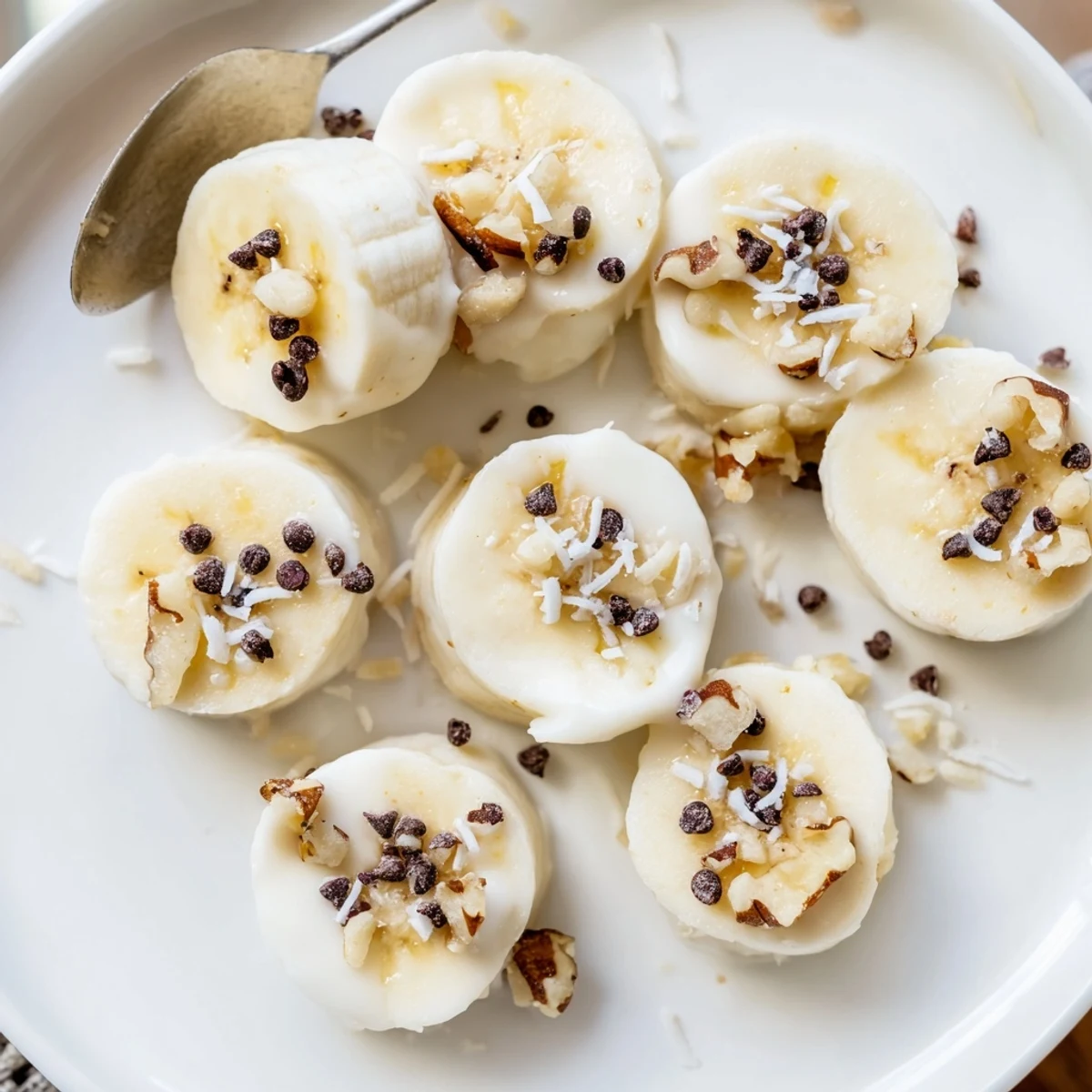 Frozen Banana Yogurt Bites on parchment, sprinkled with mini chocolate chips  