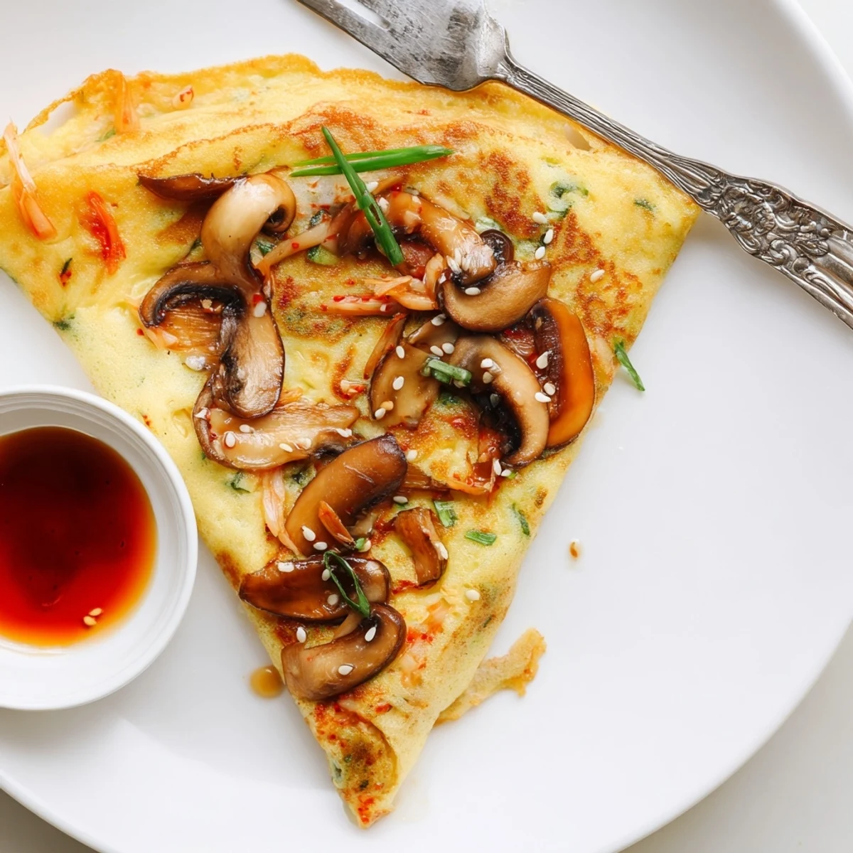 Wedges of crispy, tangy slices showcase Vegan Kimchi Pancake With Tamari Mushrooms.