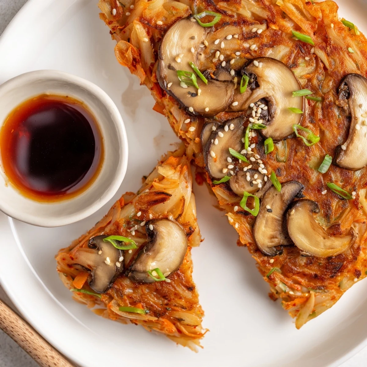 Pan-seared Vegan Kimchi Pancake With Tamari Mushrooms served with tangy dipping sauce.