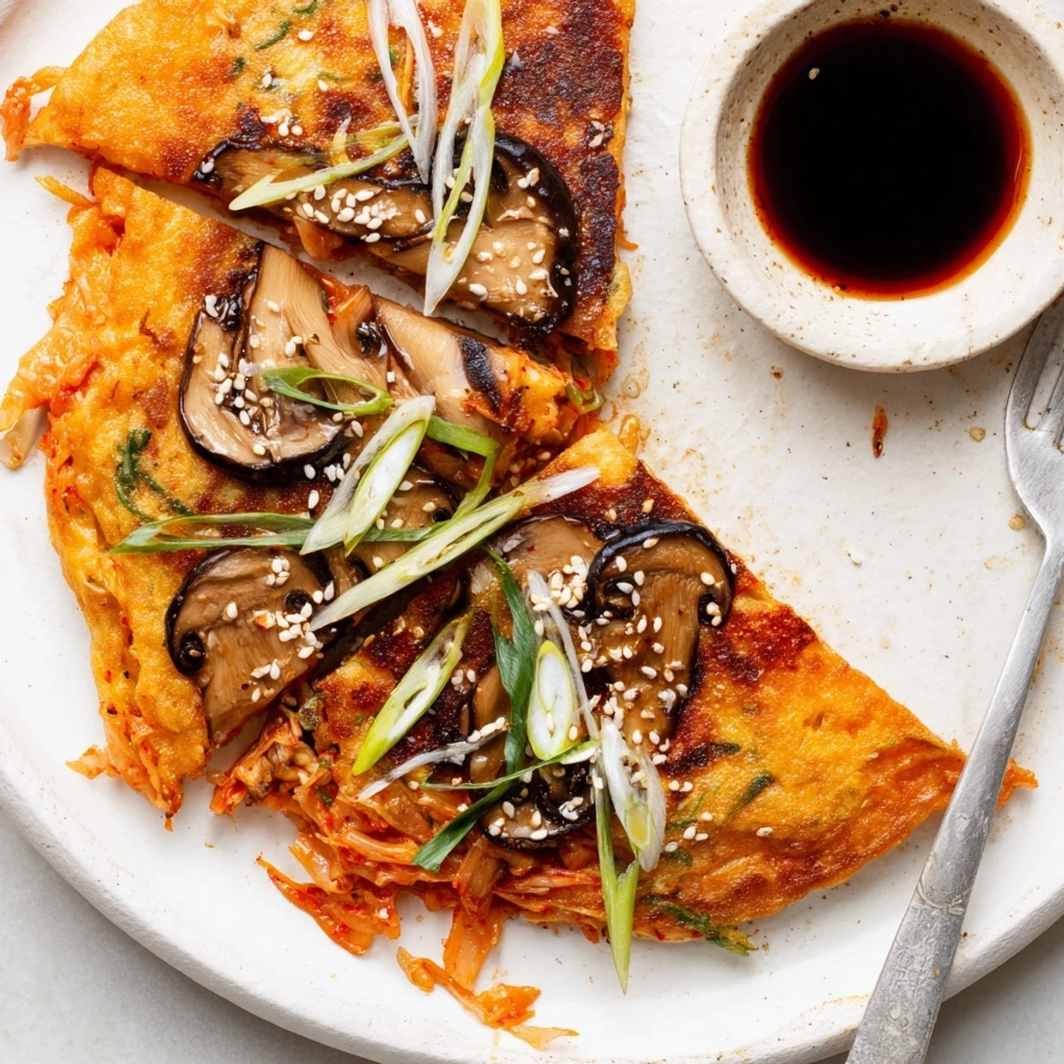 Golden Vegan Kimchi Pancake With Tamari Mushrooms, savory umami topping and scallions.