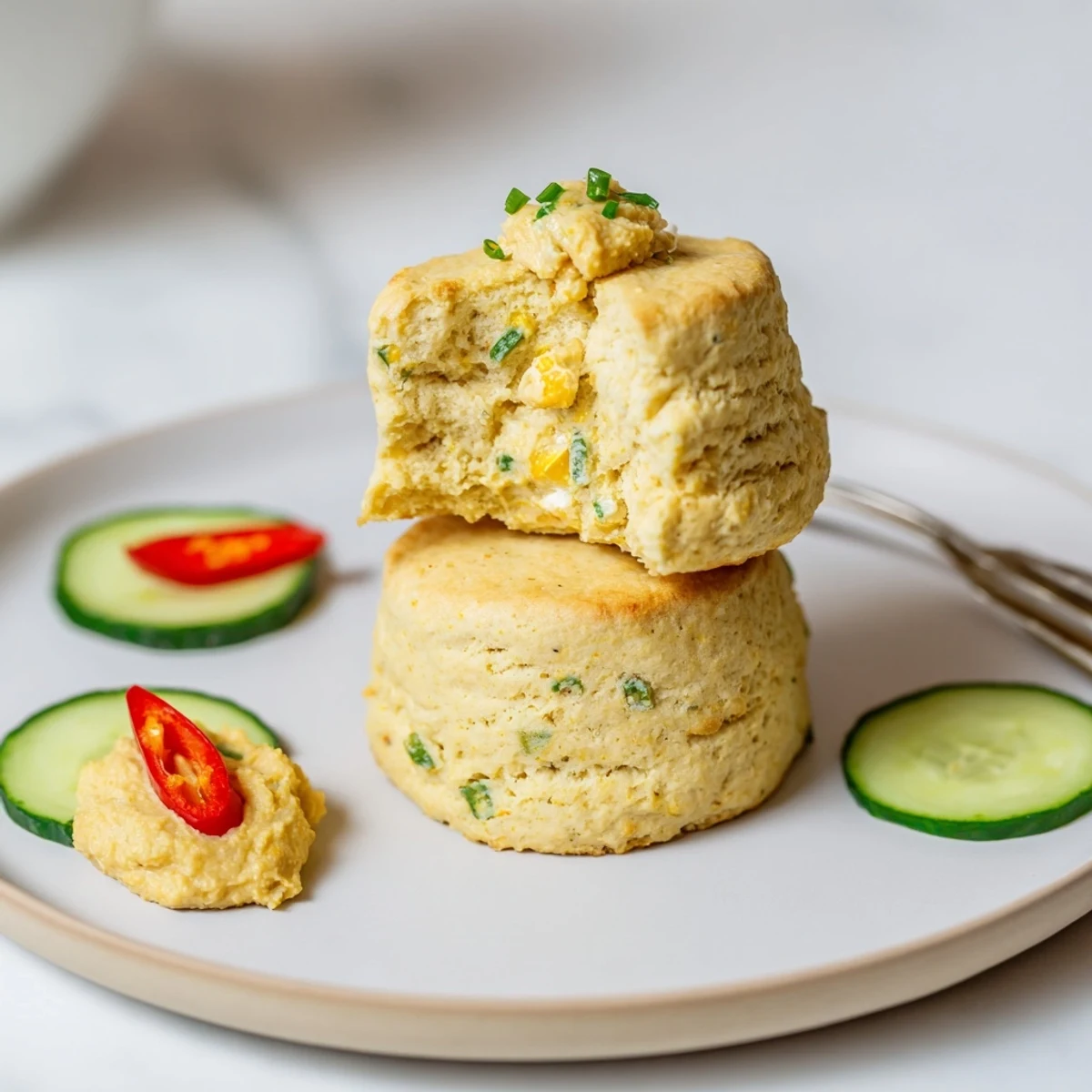 Freshly baked Humous Scones cooling on parchment beside cucumber slices