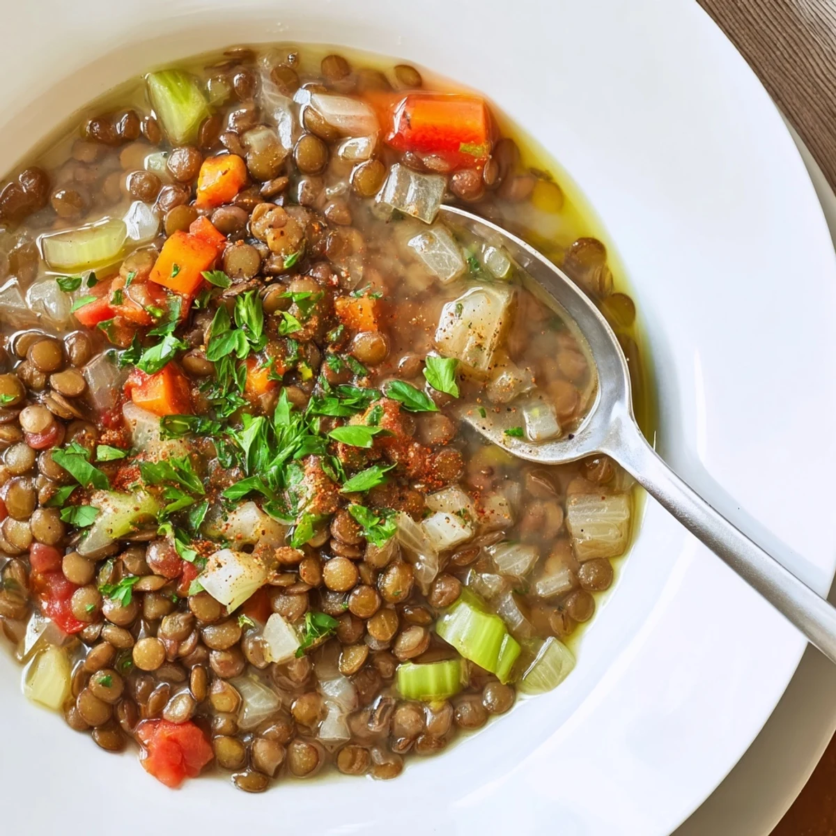 Thick Lentil Soup simmered with carrots, celery, and warm cumin aroma