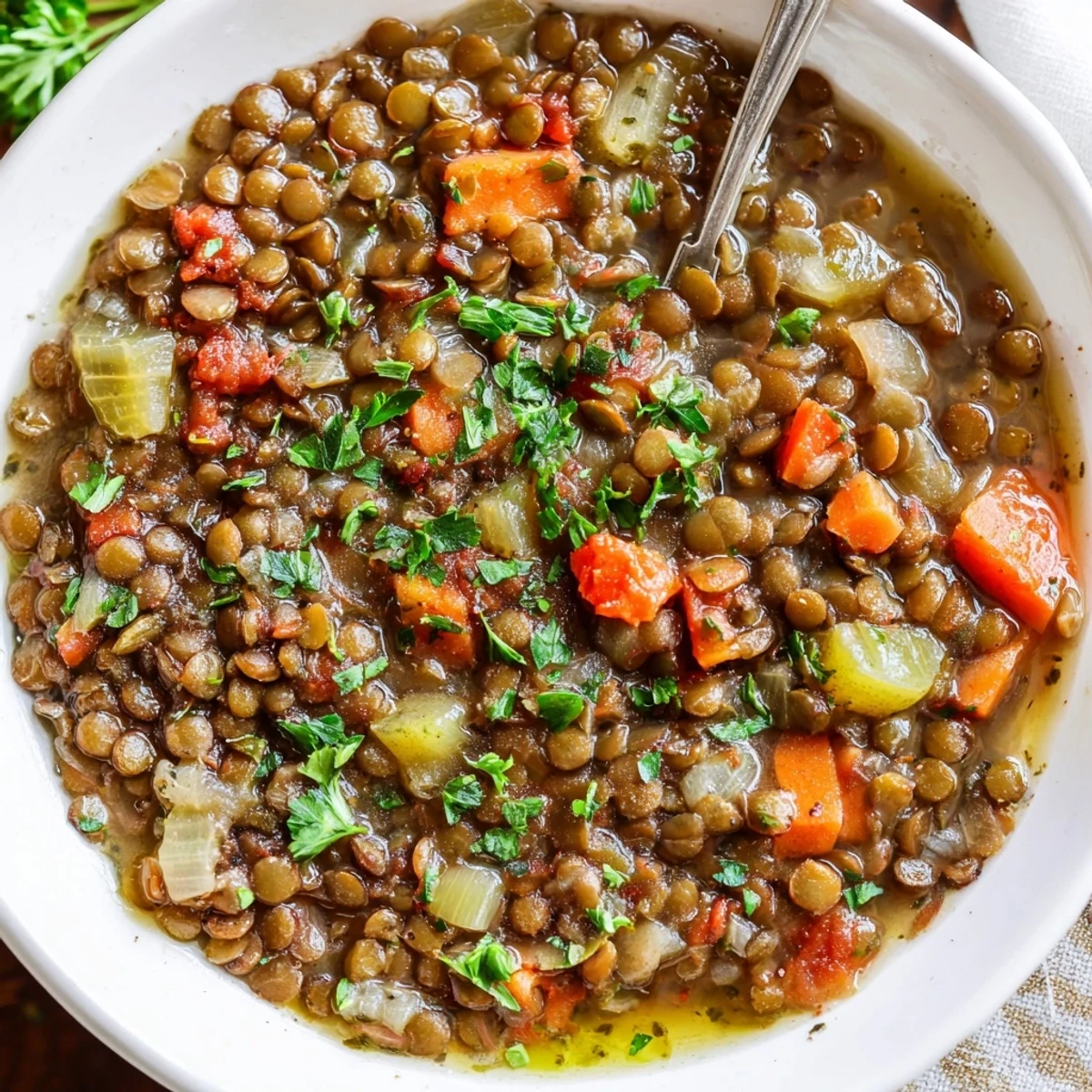 Steaming bowl of Lentil Soup flecked with parsley, served with crusty bread