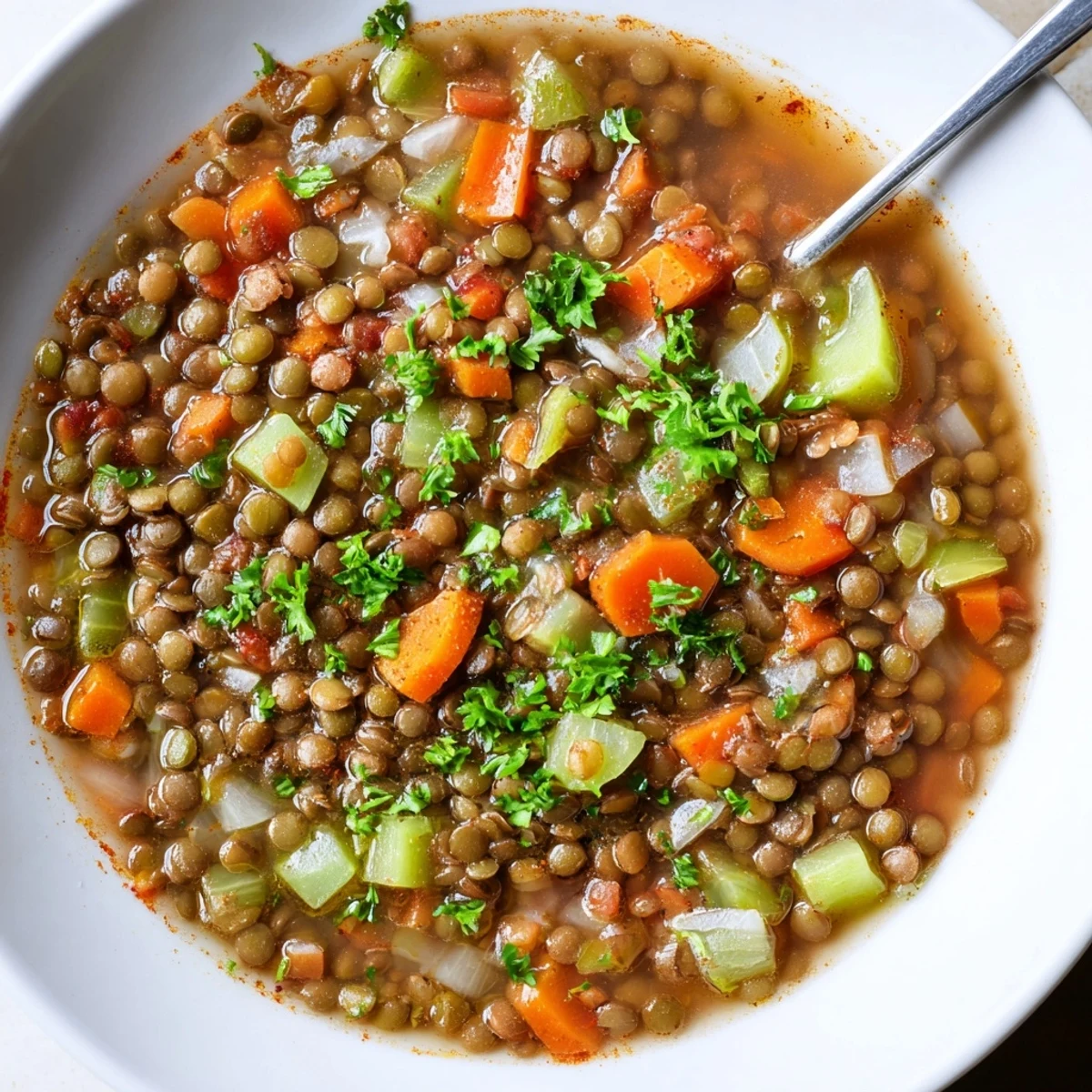 Creamy partially blended Lentil Soup topped with lemon juice and olive drizzle