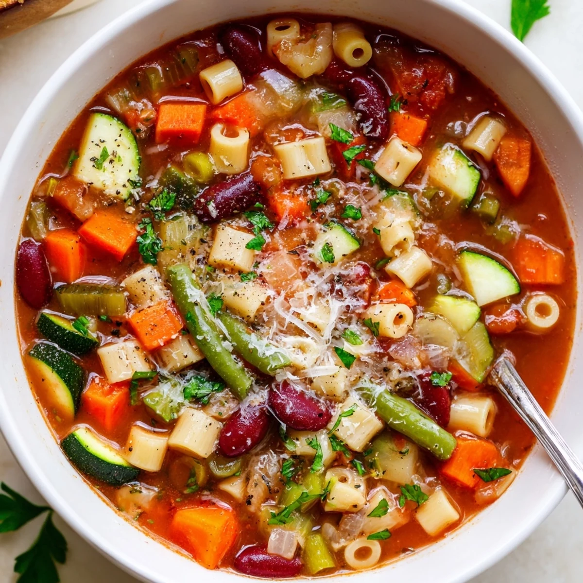 Wooden ladle stirring Minestrone Soup in a large pot, herb aroma  