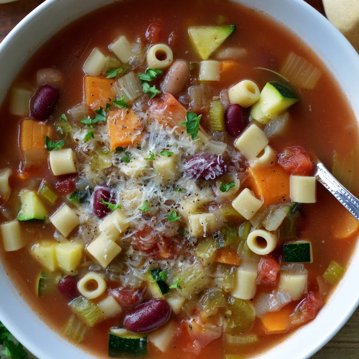 Steaming bowl of Minestrone Soup with tender vegetables and grated Parmesan  