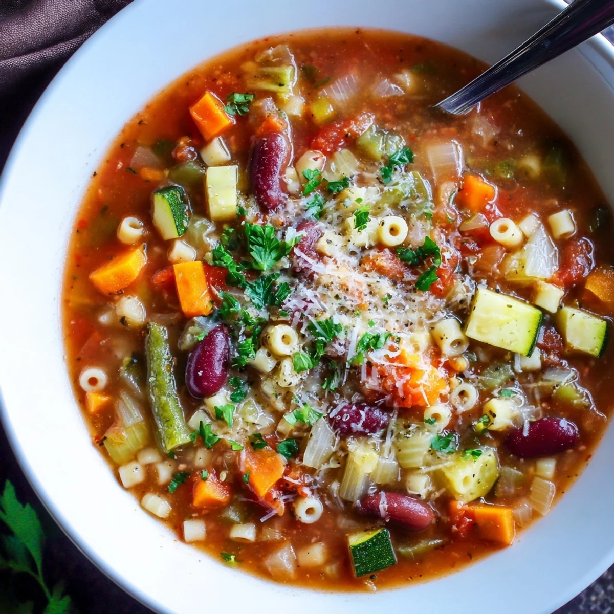 Hearty Minestrone Soup served with crusty bread, warm tomato-scented broth