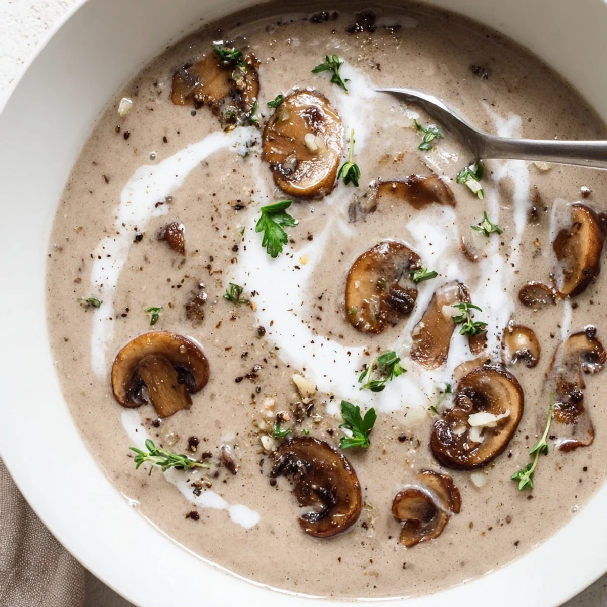 Creamy Mushroom Soup steaming in bowl, earthy aroma, garnished with parsley.