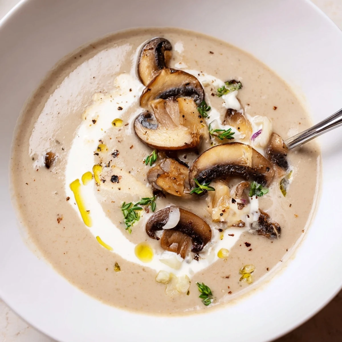 Silky Mushroom Soup ladled over crusty bread, browned mushrooms visible.