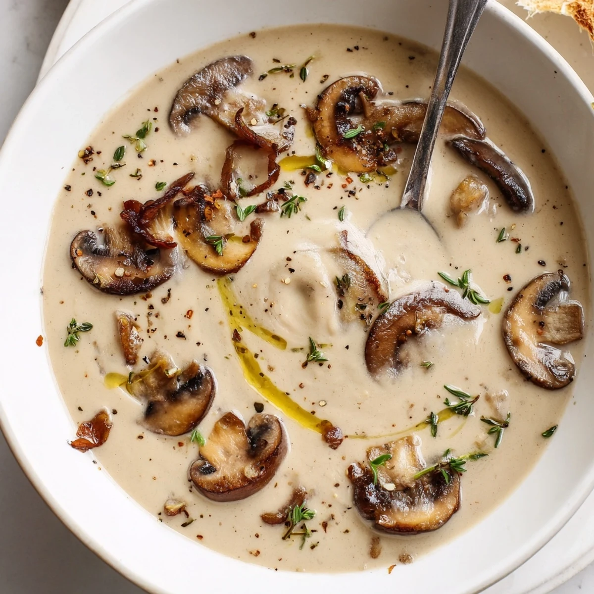 Hearty Mushroom Soup in a pot, cream swirled, thyme and pepper.