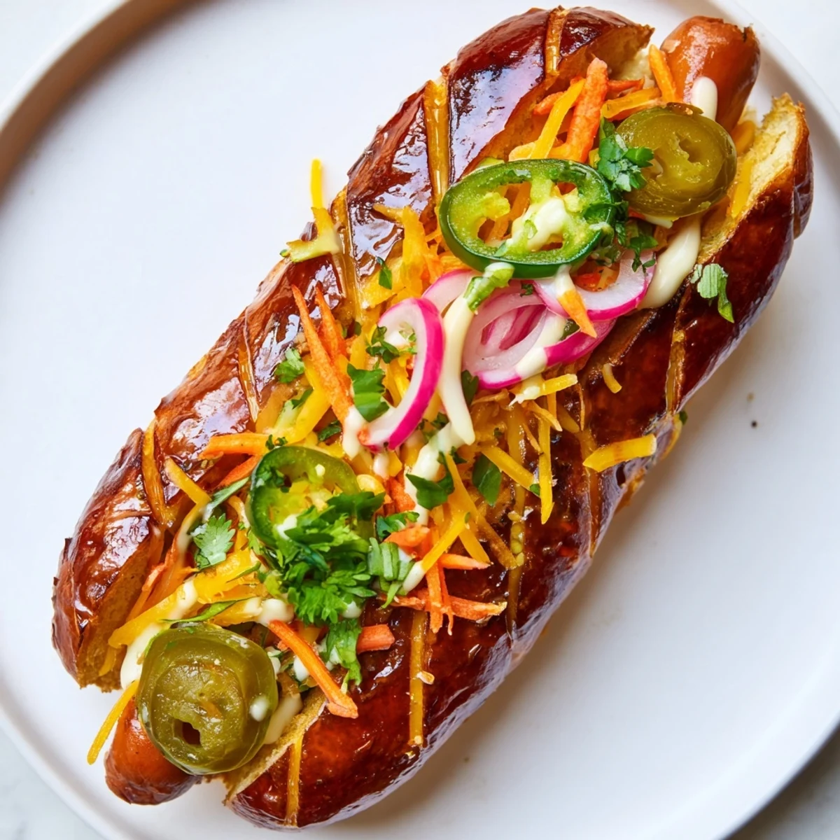 Spicy Firecracker Hot Dogs served in toasted buns with melted cheddar, jalapeños, and crisp vegetable toppings