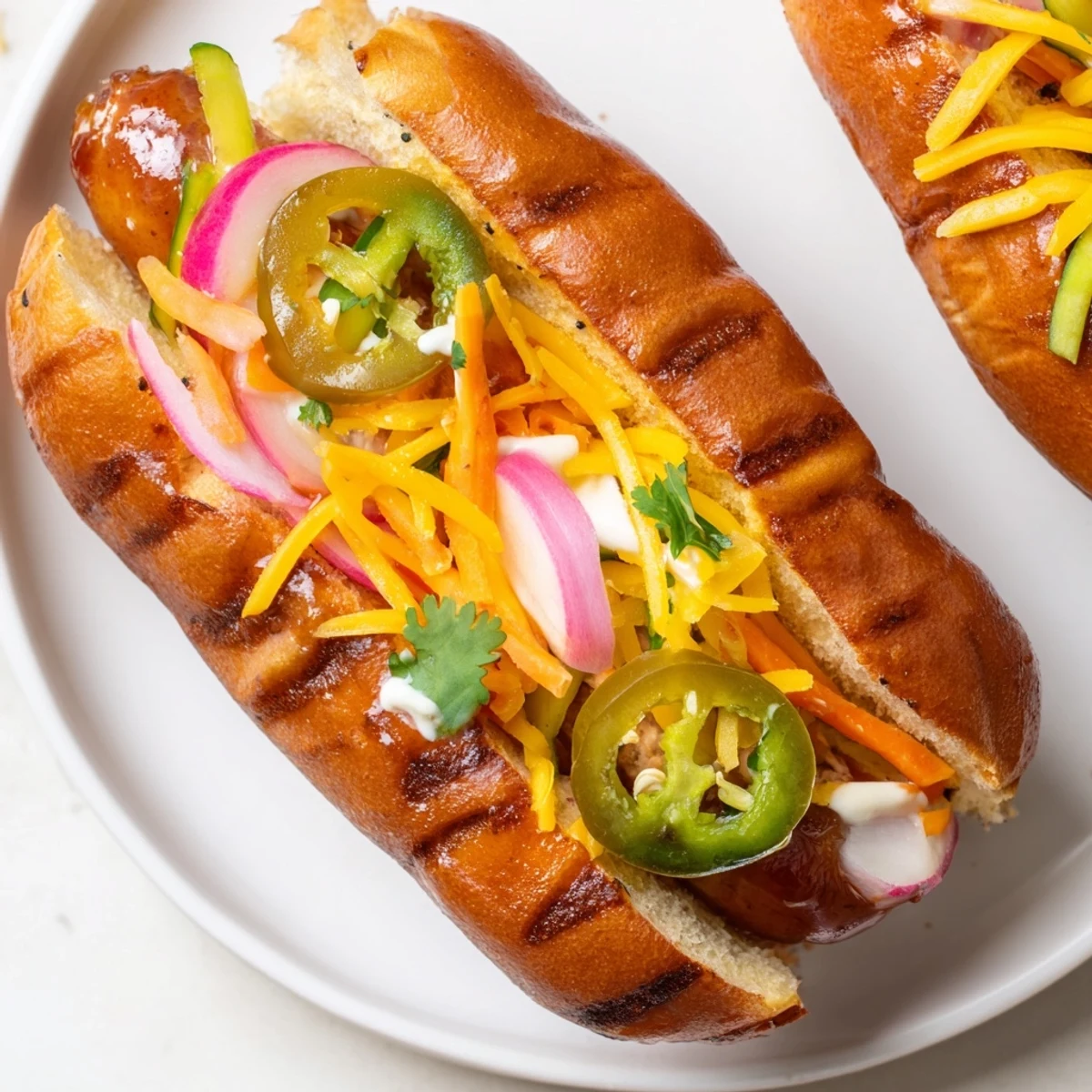Grilled Spicy Firecracker Hot Dogs brushed with chili honey marinade and topped with fresh cilantro and crunchy vegetables