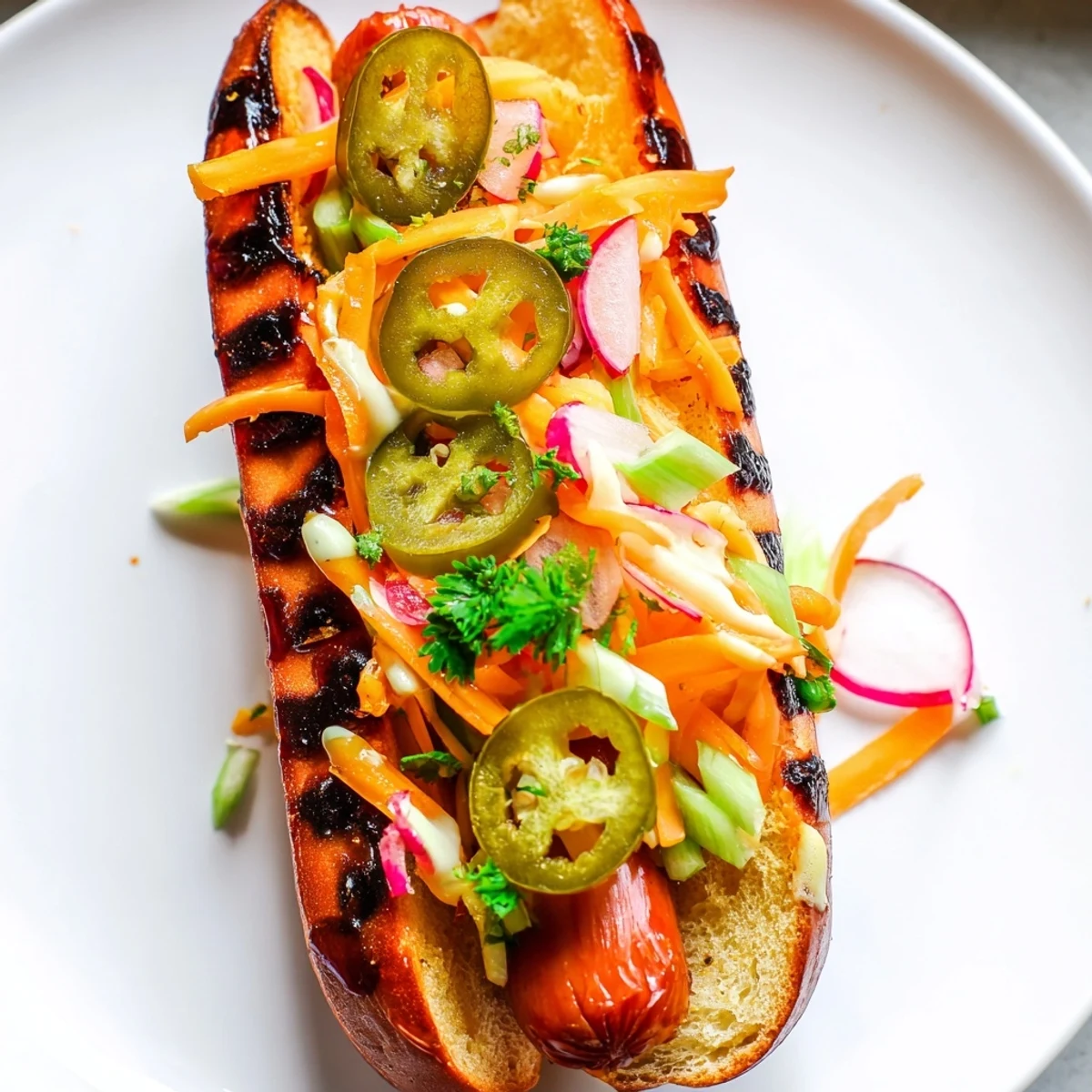 Plate of Spicy Firecracker Hot Dogs featuring caramelized beef dogs with zesty sauce, cheese, and colorful julienned vegetables