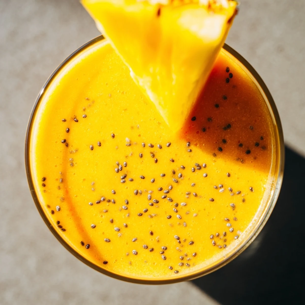 Tropical Sunrise Protein Smoothie featuring vibrant yellow mango pineapple blend topped with fresh fruit slice in a clear glass.