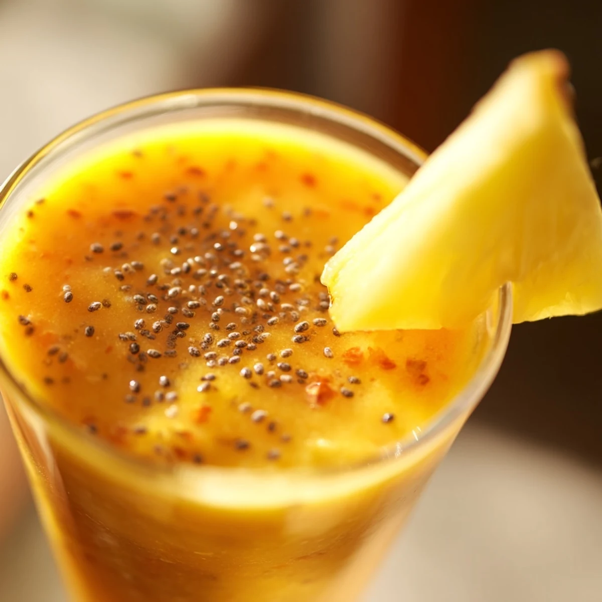 Creamy orange and yellow smoothie with mango pineapple chunks swirling in tall glass garnished with tropical fruit.